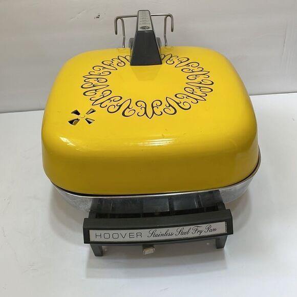 VINTAGE‎ 70s HOOVER STAINLESS STEEL YELLOW FRY PAN WITH BROILER LID - Picture 13 of 16